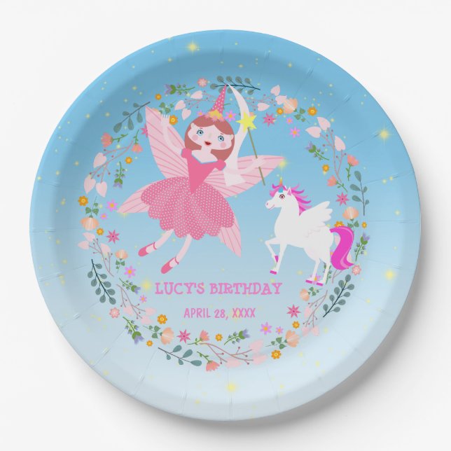 Unicorn and Fairy Magic Birthday Party Paper Plate (Front)