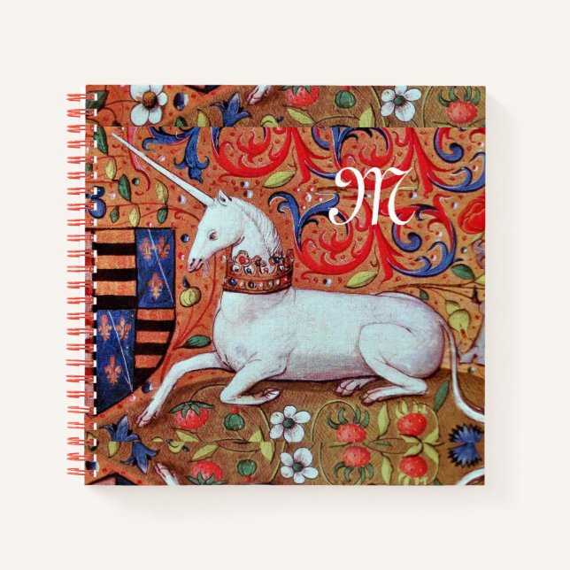 UNICORN AND FANTASY FLOWERS,FLORAL MOTIFS MONOGRAM NOTEBOOK (Front)