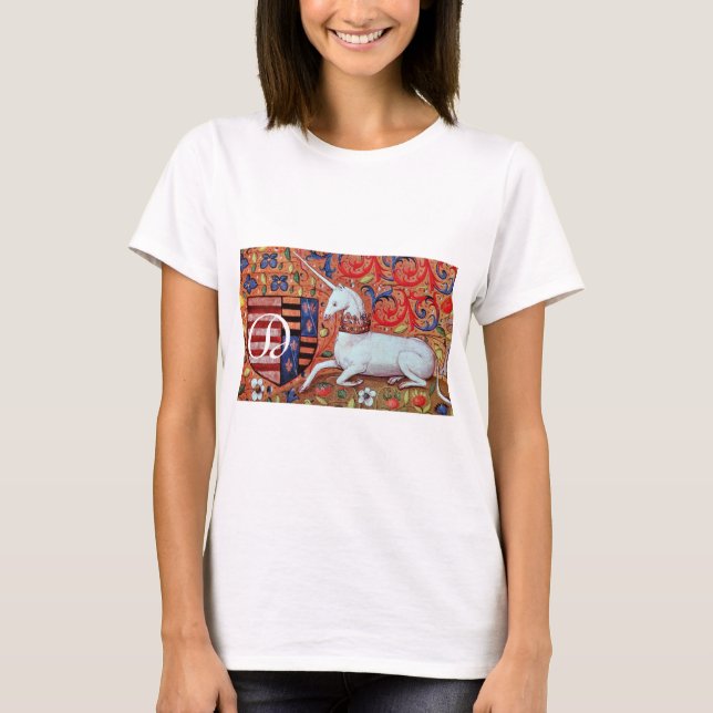 UNICORN AND FANTASY FLOWERS,FLORAL MOTIFS MONOGRAM T-Shirt (Front)
