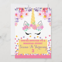 Unicorn and flowers birthday invitation for girl