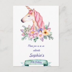 Unicorn and Flowers Children Birthday Invitation