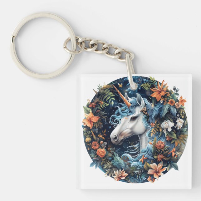 Unicorn and flowers fantasy design key ring (Front)