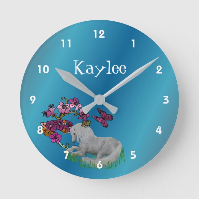 Unicorn And Flowers Personalised Name Round Clock (Front)