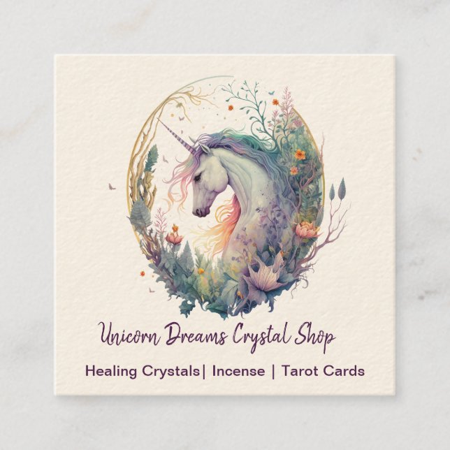 Unicorn and Flowers Square Business Card (Front)