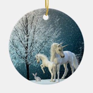 Unicorn and Foal Winter Scene Snow Holiday Ceramic Tree Decoration