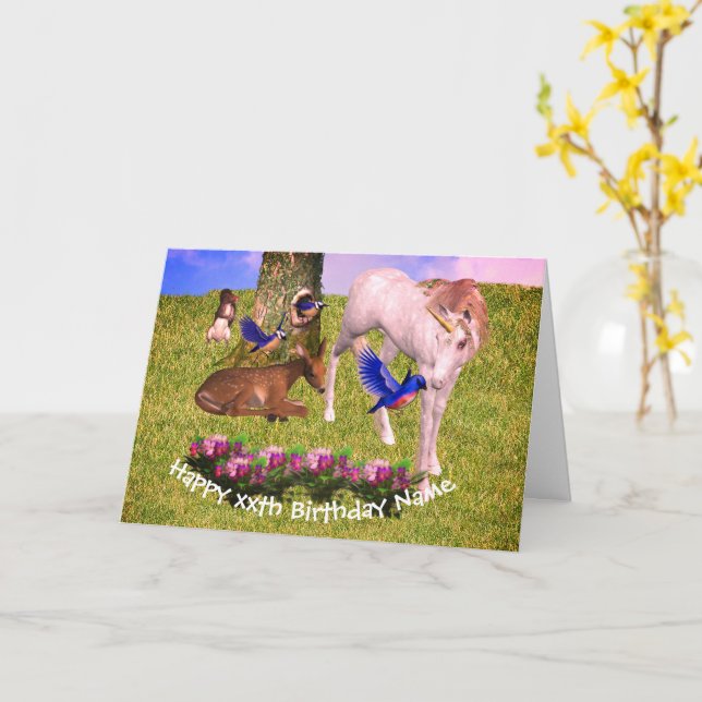 Unicorn And Friends Personalised Birthday Card (Yellow Flower)