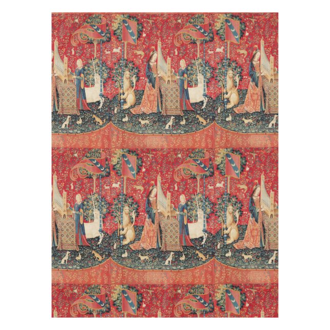 UNICORN AND LADY PLAYING ORGAN,ANIMALS Red Green Tablecloth (Front)