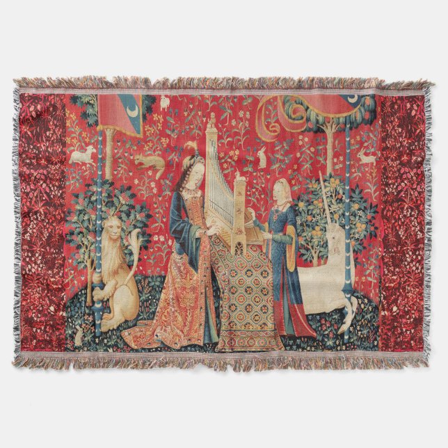 UNICORN AND LADY PLAYING ORGAN WITH ANIMALS THROW BLANKET (Front)