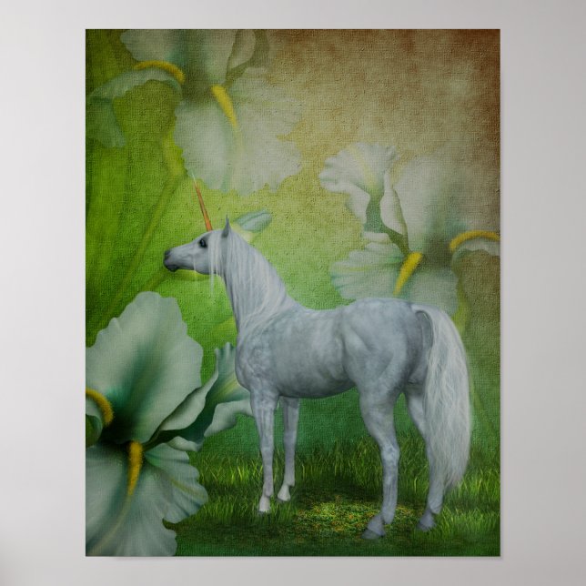 Unicorn And Lilies Fantasy Horse Art Poster (Front)