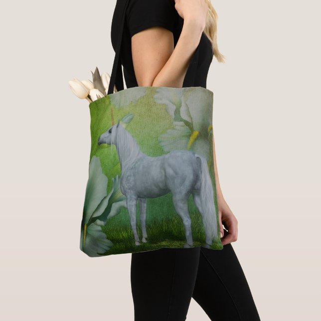 Unicorn And Lily Flowers Fantasy Horse Tote Bag (Close Up)
