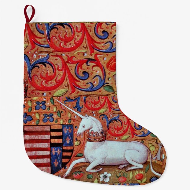 UNICORN AND MEDIEVAL FANTASY FLOWERS,FLORAL MOTIFS LARGE CHRISTMAS STOCKING (Front)
