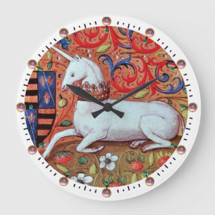 UNICORN AND MEDIEVAL FANTASY FLOWERS,FLORAL MOTIFS LARGE CLOCK