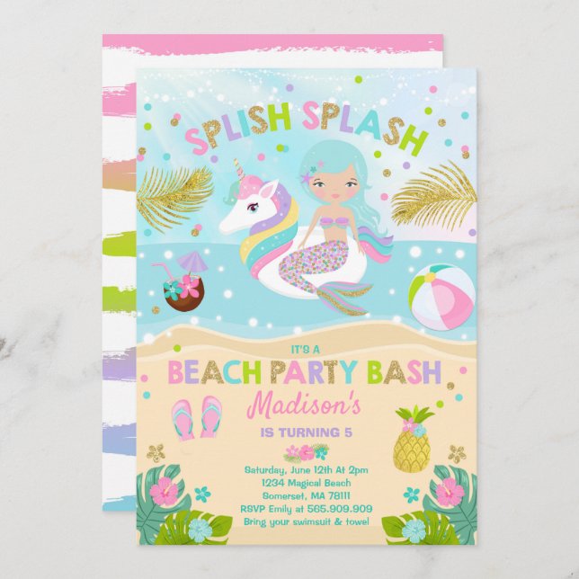 Unicorn And Mermaid Beach Party Invitation (Front/Back)