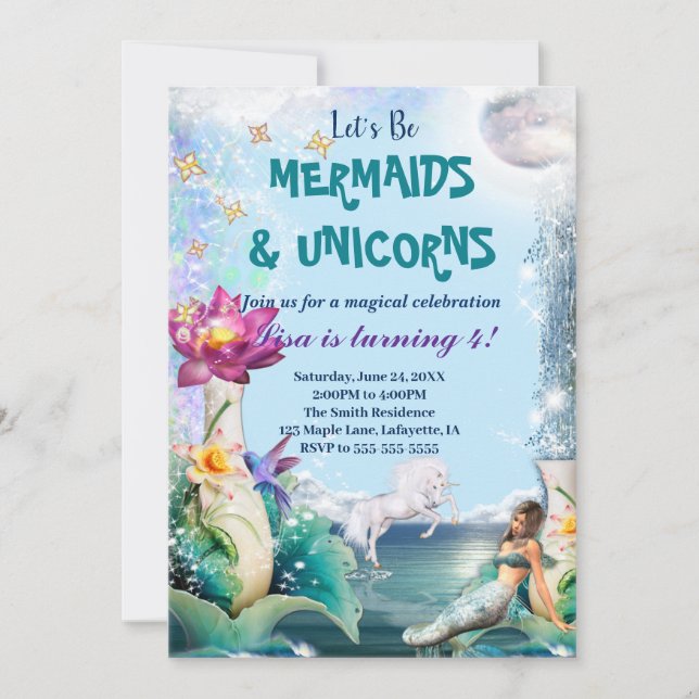 Unicorn And Mermaid Birthday Party Invitation (Front)
