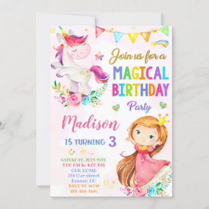 Unicorn and Princess birthday invitation