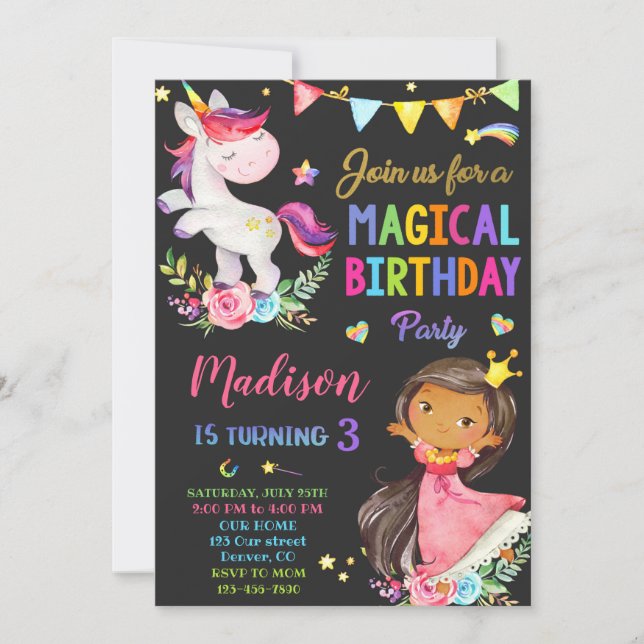 Unicorn and Princess birthday invitation (Front)