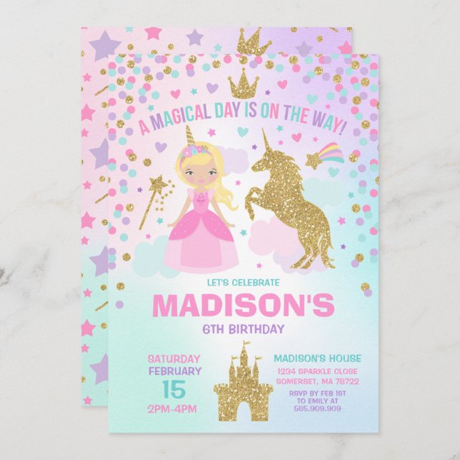 Unicorn And Princess Invitation Magical Birthday (Front/Back)