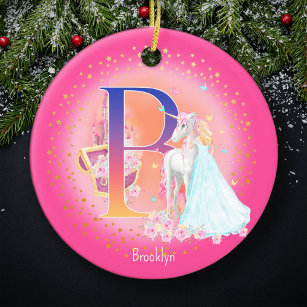 Unicorn and Princess Letter B Monogram Christmas Ceramic Tree Decoration