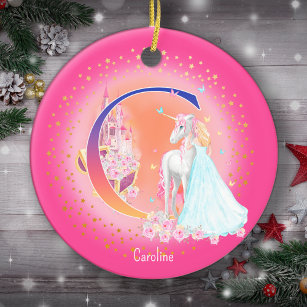 Unicorn and Princess Letter C Monogram Christmas Ceramic Tree Decoration