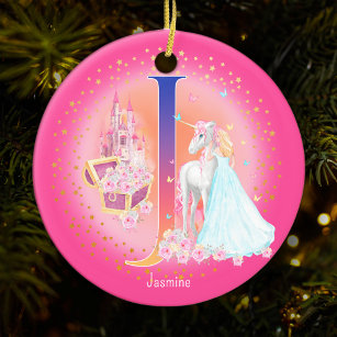 Unicorn and Princess Letter J Monogram Christmas Ceramic Tree Decoration