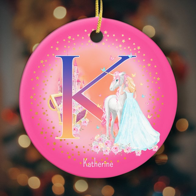 Unicorn and Princess Letter K Monogram Christmas Ceramic Tree Decoration (This pretty pink monogrammed Christmas ornament is perfect for your little princess!)