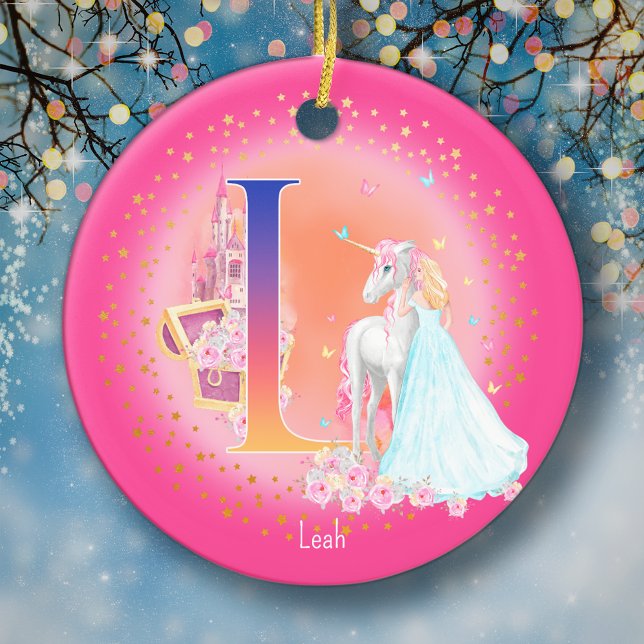 Unicorn and Princess Letter L Monogram Christmas Ceramic Tree Decoration (This pretty pink monogrammed Christmas ornament is perfect for your little princess!)