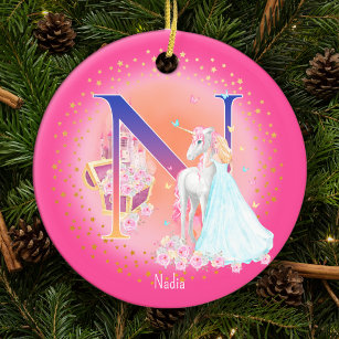 Unicorn and Princess Letter N Monogram Christmas Ceramic Tree Decoration