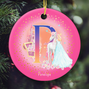 Unicorn and Princess Letter P Monogram Christmas Ceramic Tree Decoration
