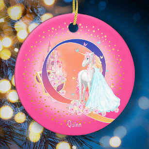 Unicorn and Princess Letter Q Monogram Christmas Ceramic Tree Decoration