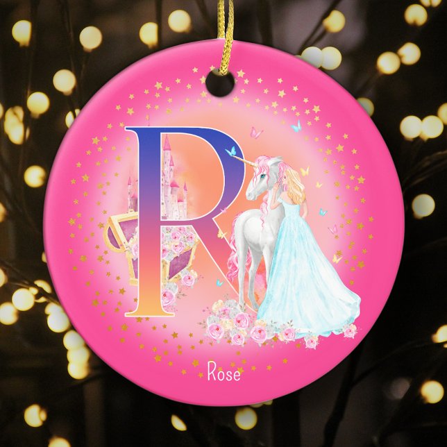 Unicorn and Princess Letter R Monogram Christmas Ceramic Tree Decoration (This pretty pink monogrammed Christmas ornament is perfect for your little princess!)