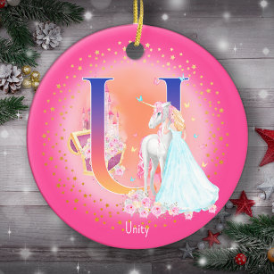 Unicorn and Princess Letter U Monogram Christmas Ceramic Tree Decoration