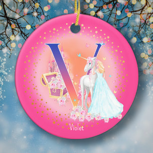 Unicorn and Princess Letter V Monogram Christmas Ceramic Tree Decoration