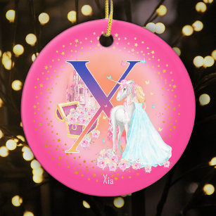 Unicorn and Princess Letter X Monogram Christmas Ceramic Tree Decoration