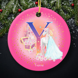 Unicorn and Princess Letter Y Monogram Christmas Ceramic Tree Decoration
