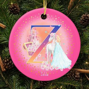 Unicorn and Princess Letter Z Monogram Christmas Ceramic Tree Decoration