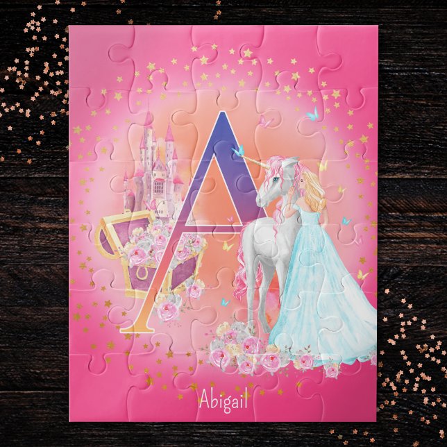Unicorn and Princess with Castle Letter A Monogram Jigsaw Puzzle (Creator Uploaded)