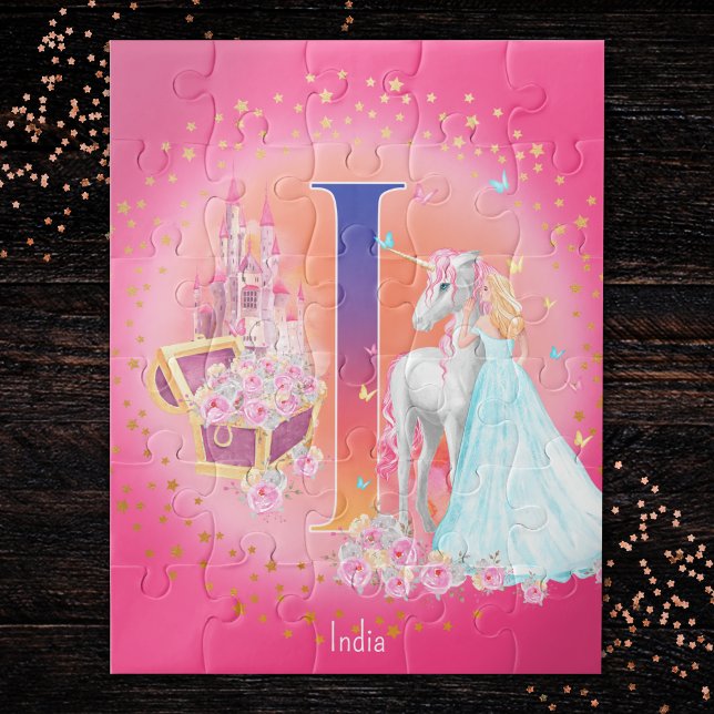 Unicorn and Princess with Castle Letter I Monogram Jigsaw Puzzle (Creator Uploaded)