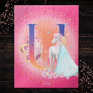 Unicorn and Princess with Castle Letter U Monogram Jigsaw Puzzle