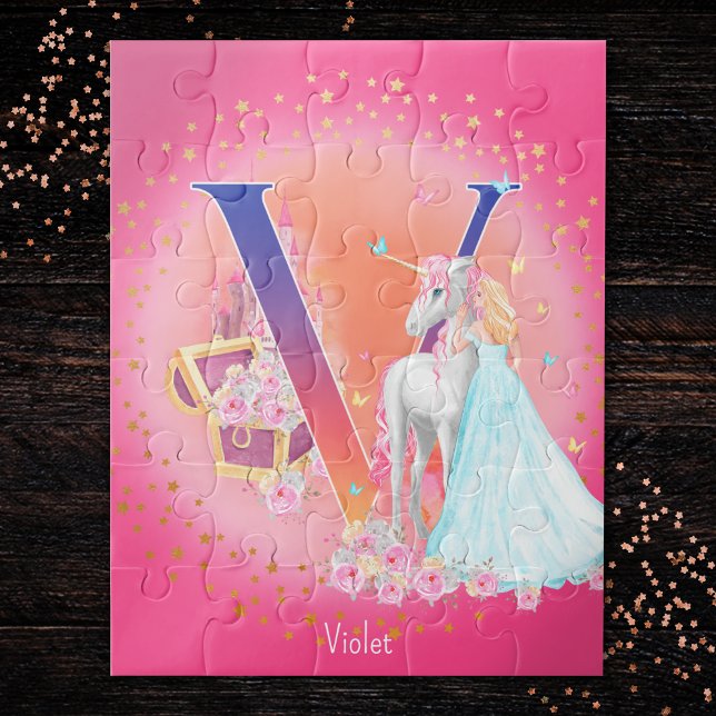 Unicorn and Princess with Castle Letter V Monogram Jigsaw Puzzle (Creator Uploaded)