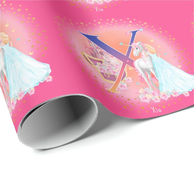 Unicorn and Princess with Castle Letter X Monogram Wrapping Paper (Roll Corner)