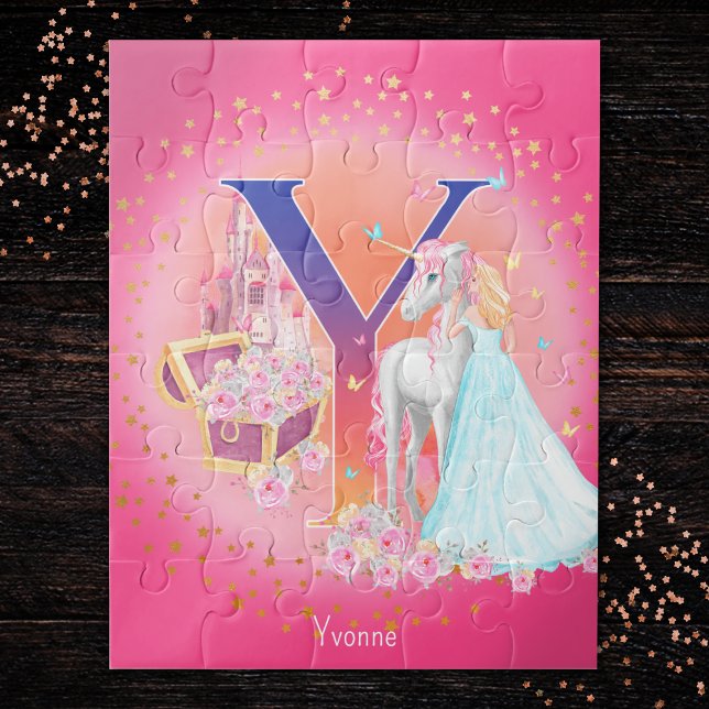 Unicorn and Princess with Castle Letter Y Monogram Jigsaw Puzzle (Creator Uploaded)
