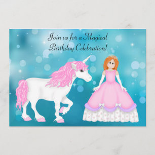 Unicorn and Princess with Red Hair Birthday Invitation