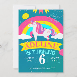 unicorn and rainbow birthday invitation