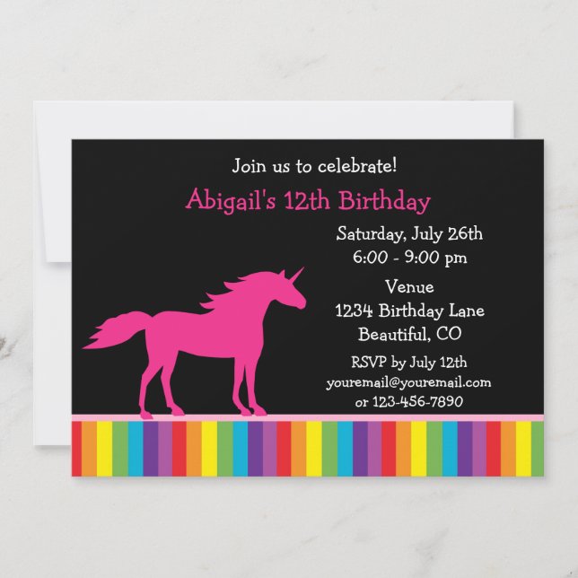 Unicorn and Rainbow Birthday Invitation for Girls (Front)