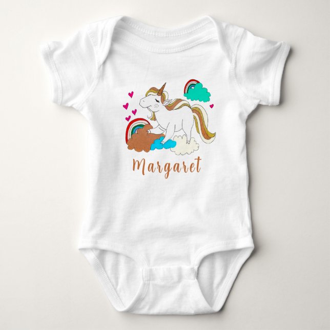 Unicorn And Rainbow Cute Personalised Name Cute Baby Bodysuit (Front)