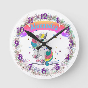Unicorn and Rainbow Glitter Round Clock