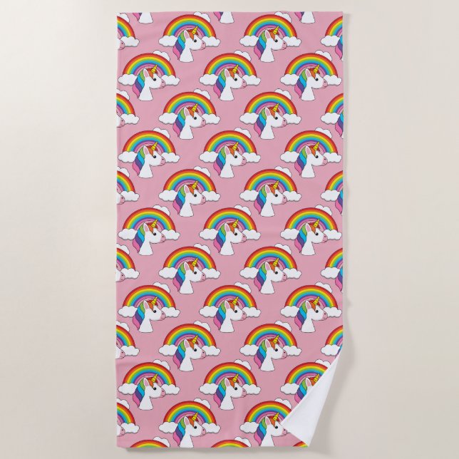 Unicorn and Rainbow with Clouds Kawaii Beach Towel (Front)