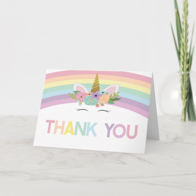 Unicorn and Rainbows Gold Glitter Stars Thank You Card (Front)