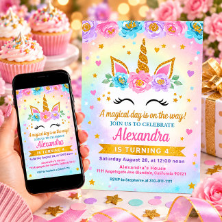 Unicorn and Roses Kids Birthday Invitation
