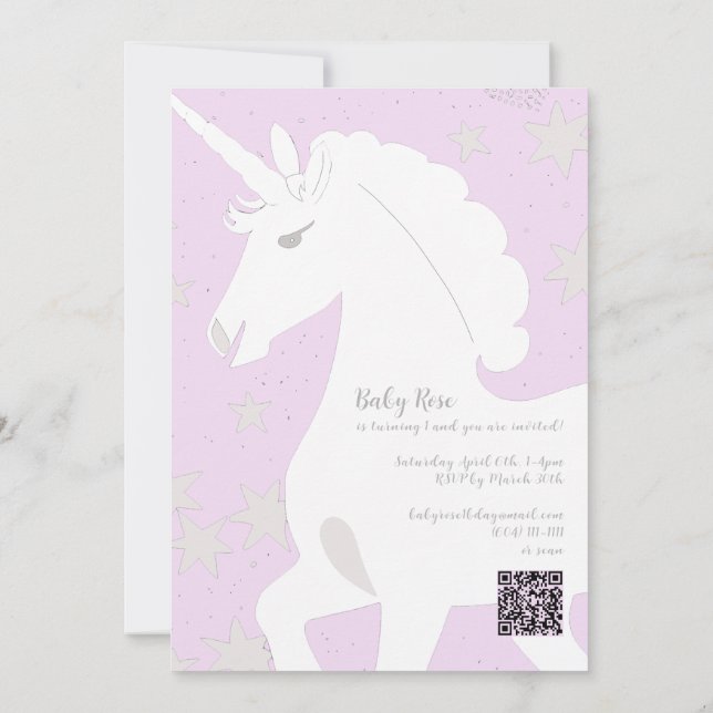 Unicorn and Stars 1st Birthday Invitation (Back)